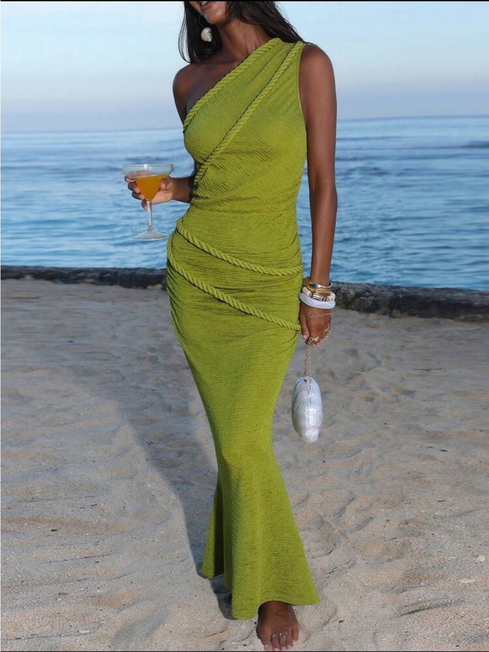 Olive Green Knit Maxi Dress Medium Tropical Beach Vacation Boho Mermaid